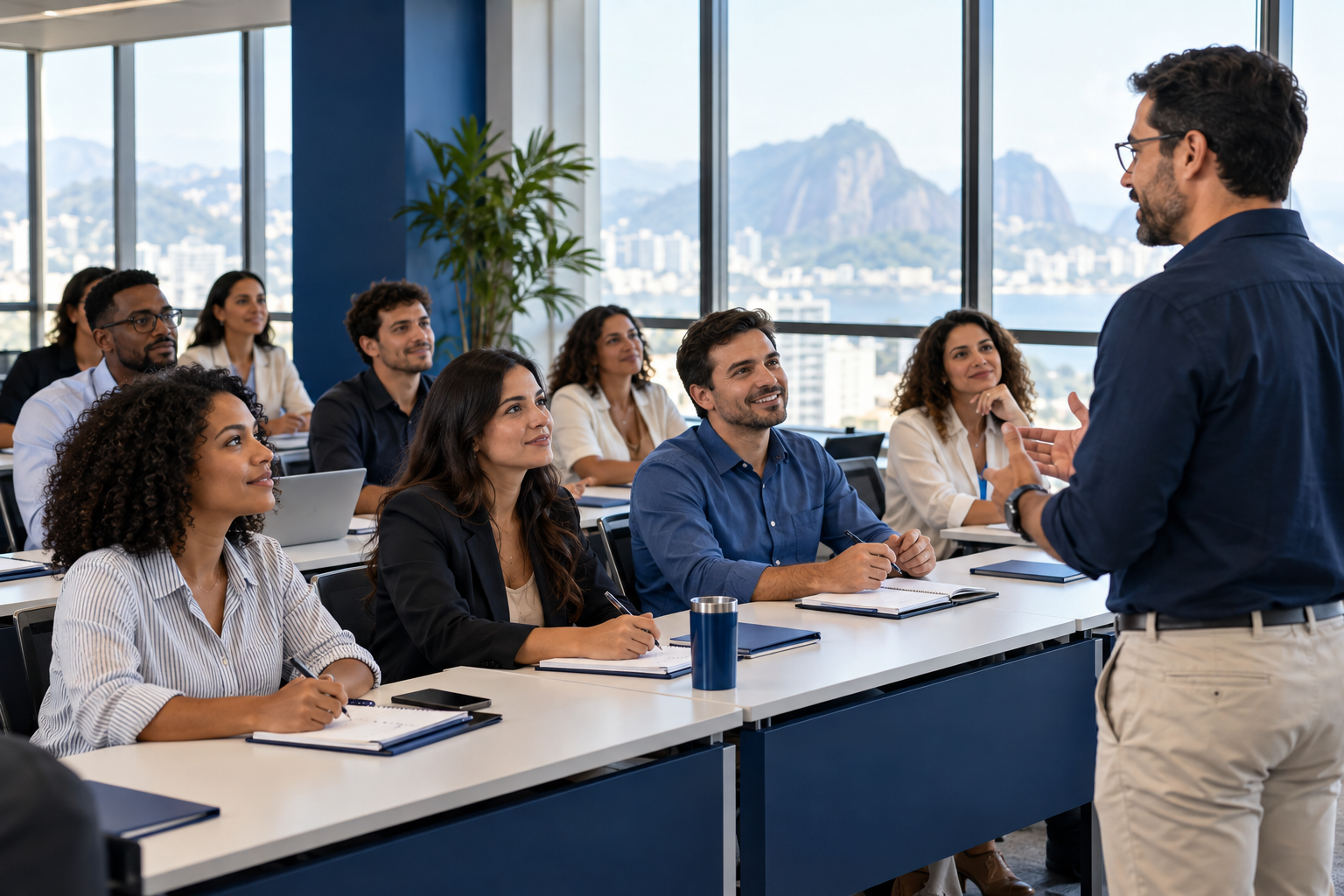 Profissionais participando de uma capacitação em sala de treinamento
